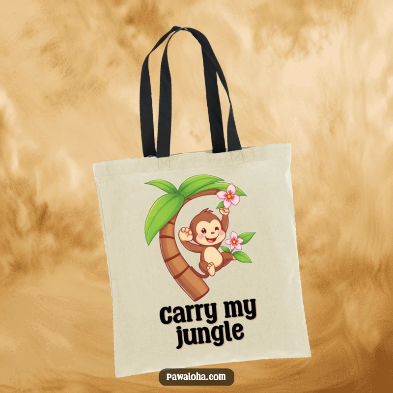 Funny tote bag showcasing a playful monkey swinging from a palm tree with a flower, ideal for carrying essentials with tropical flair.