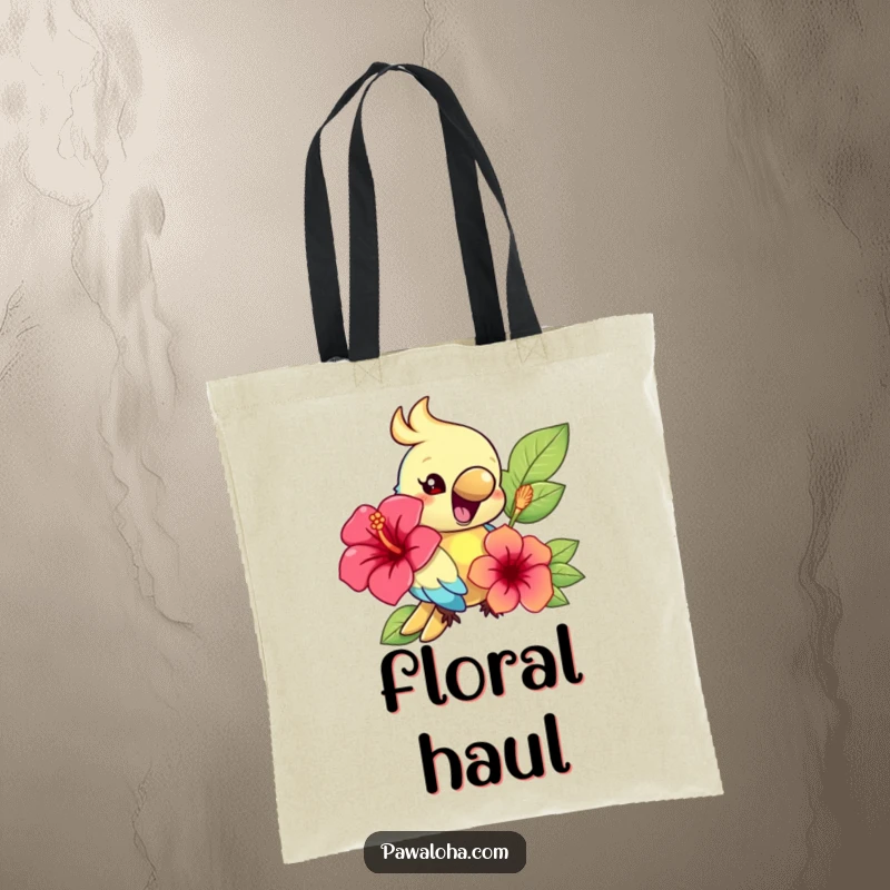 Funny tote bag featuring a happy parrot character holding a hibiscus flower, perfect for beach days and shopping.