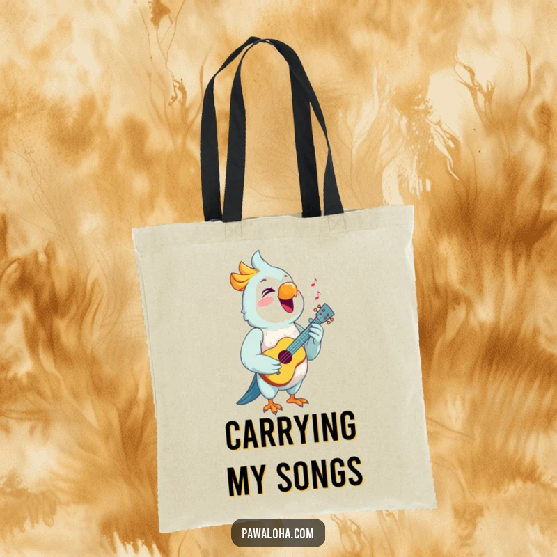 Funny Parrot Tote Bag showcasing a joyful parrot singing with a ukulele, perfect for carrying music and essentials.