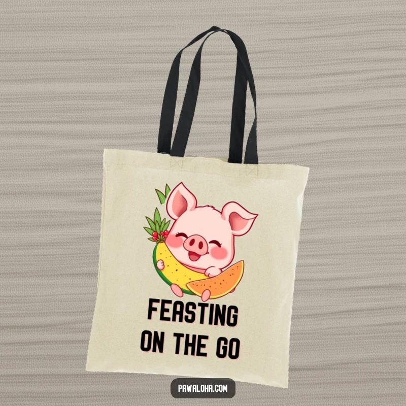 Funny tote bag with a happy pig character holding a tropical fruit, perfect for shopping and spreading smiles.