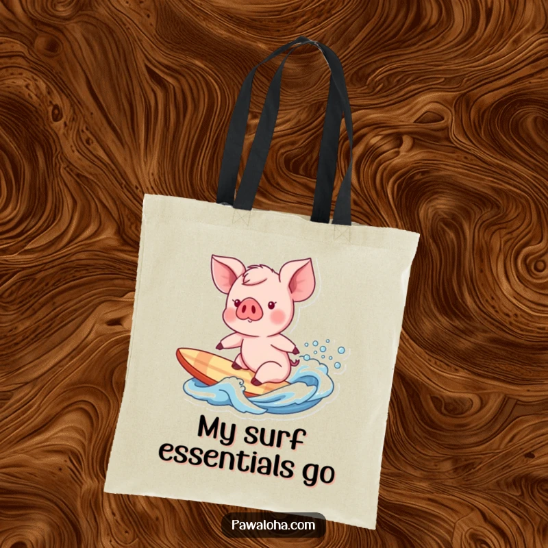 Funny piglet character about to surf a gentle wave, a humorous and practical tote bag for beach days.