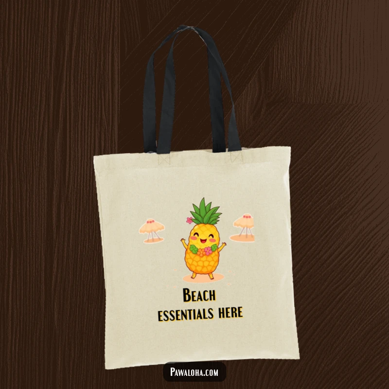 Funny tote bag with a joyful pineapple wearing a lei, dancing the hula on a sandy beach, perfect for carrying essentials with tropical flair.