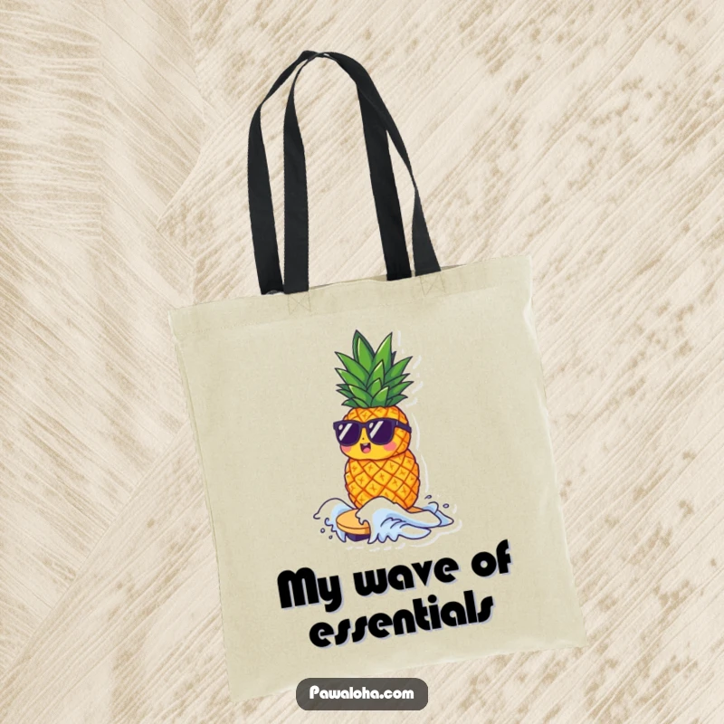 Funny tote bag with a small pineapple character wearing sunglasses, riding a tiny wave, perfect for carrying beach essentials.