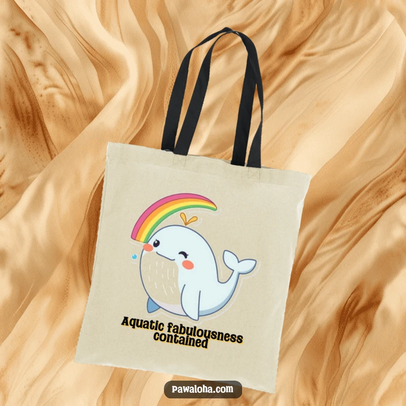 Funny whale tote bag, a cheerful whale creating a beautiful rainbow, practical and joyful.