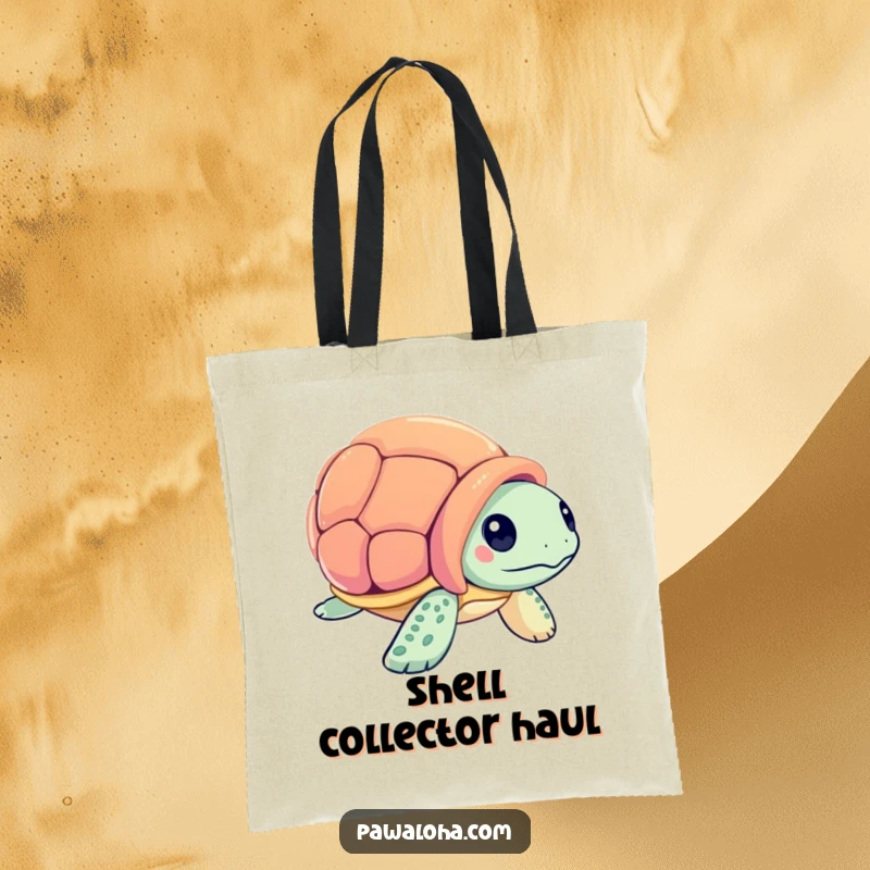 Funny sea turtle character examining a seashell on a tote bag, ideal for carrying beach finds with ocean-themed style.