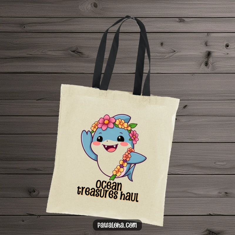 Funny shark tote bag featuring a friendly shark in a lei waving cheerfully, perfect for carrying beach essentials with marine humor.