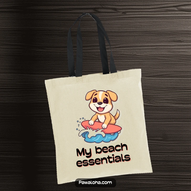Funny surfing dog tote bag featuring a character riding a wave with a big grin, perfect for humorous beach outings. Excellent gift.