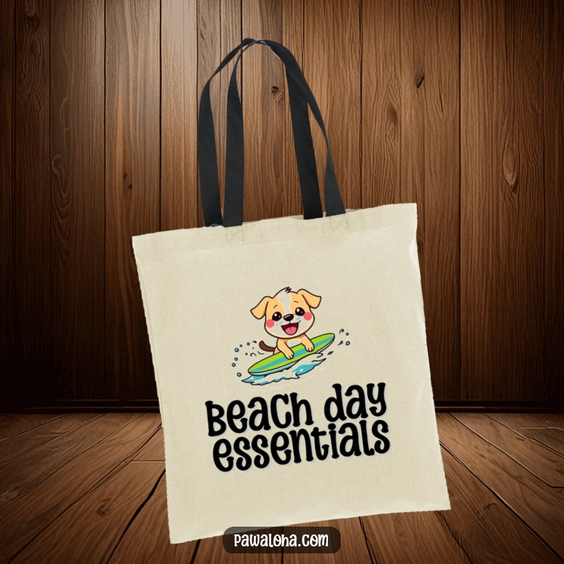 Funny tote bag showcasing a grinning dog character riding a wave, ideal for beach trips and carrying essentials with sporty flair.