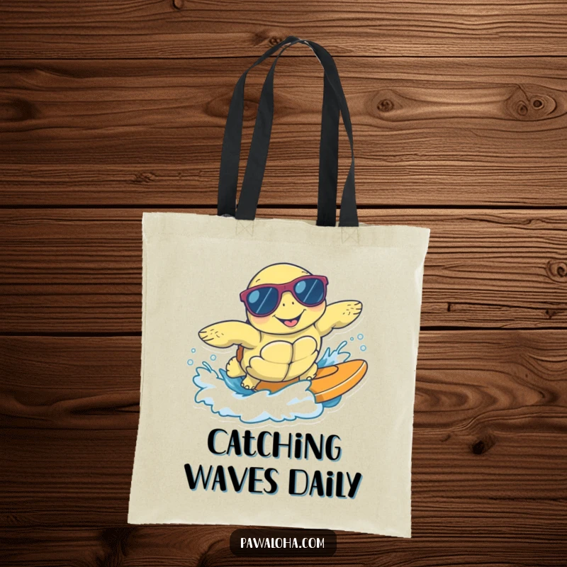 Funny tote bag with a happy sea turtle wearing sunglasses, surfing a gentle wave, perfect for carrying beach gear with cool, laid-back style.
