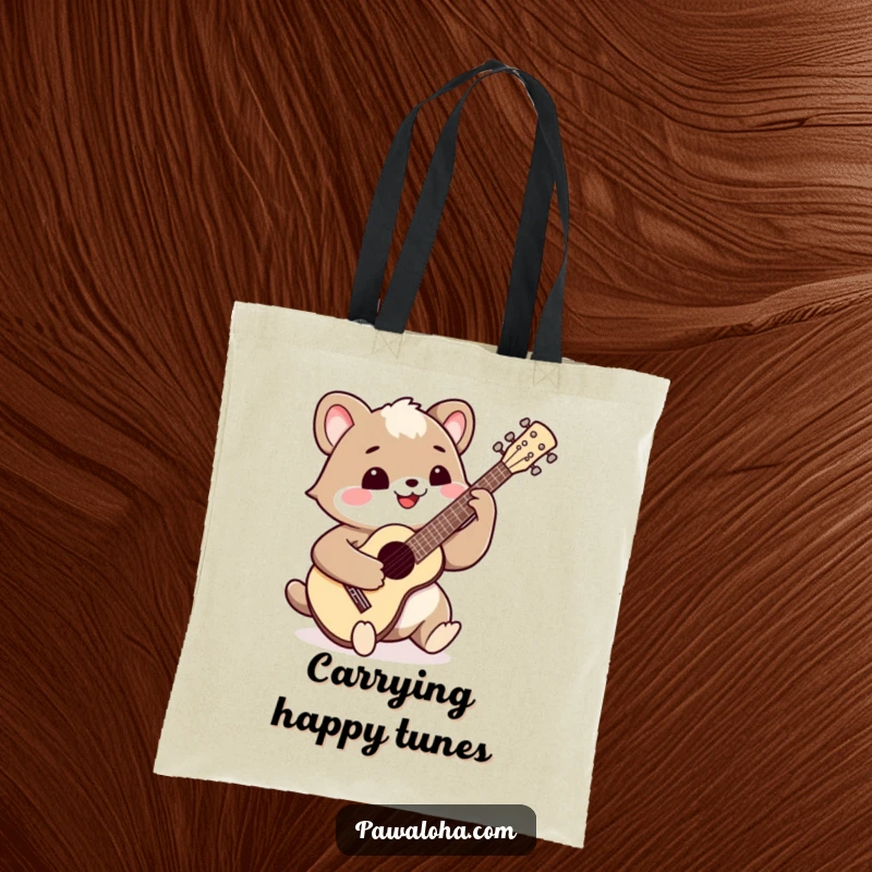 Funny smiling animal playing a ukulele on a durable tote bag. Perfect for carrying music gear and essentials.