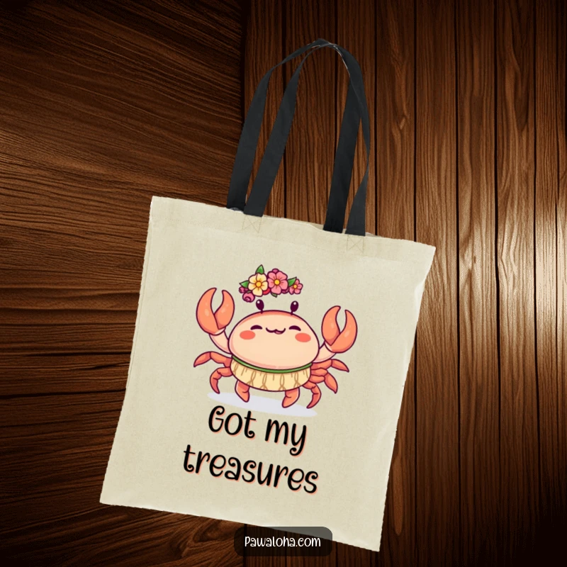 Funny Kawaii Crab Tote Bag: Cute crab doing a joyful hula dance with its claws, a funny and practical beach bag.