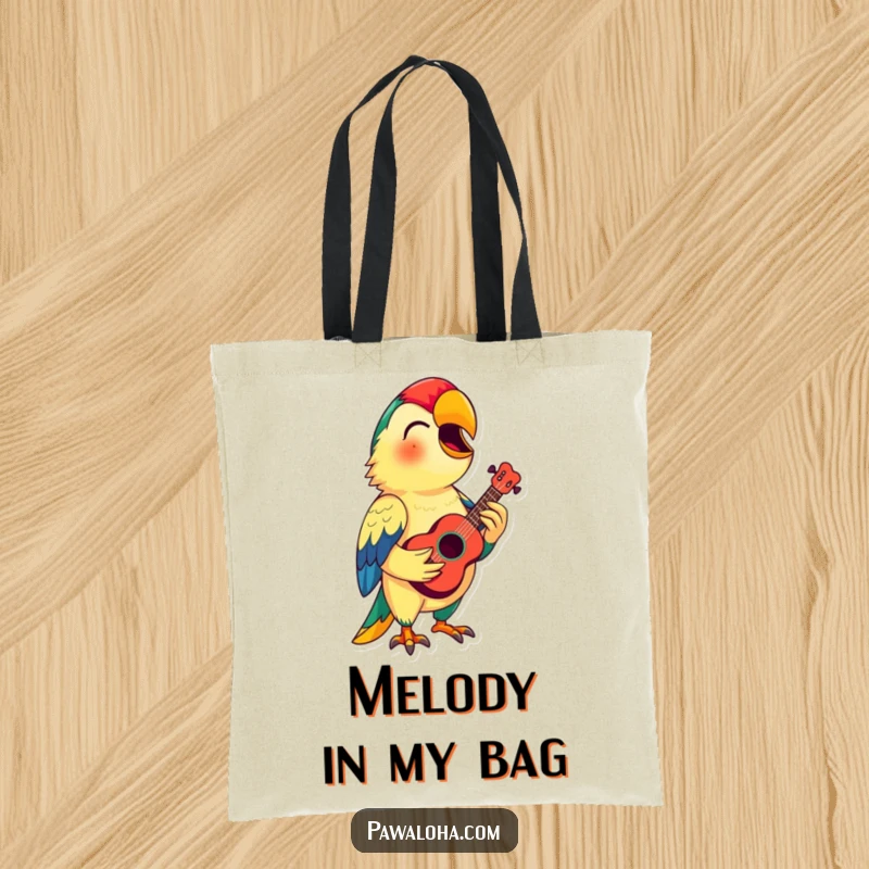 Funny Parrot Ukulele Tote Bag: A colorful parrot with a ukulele is ready to serenade, adding funny, tropical flair to this practical bag.