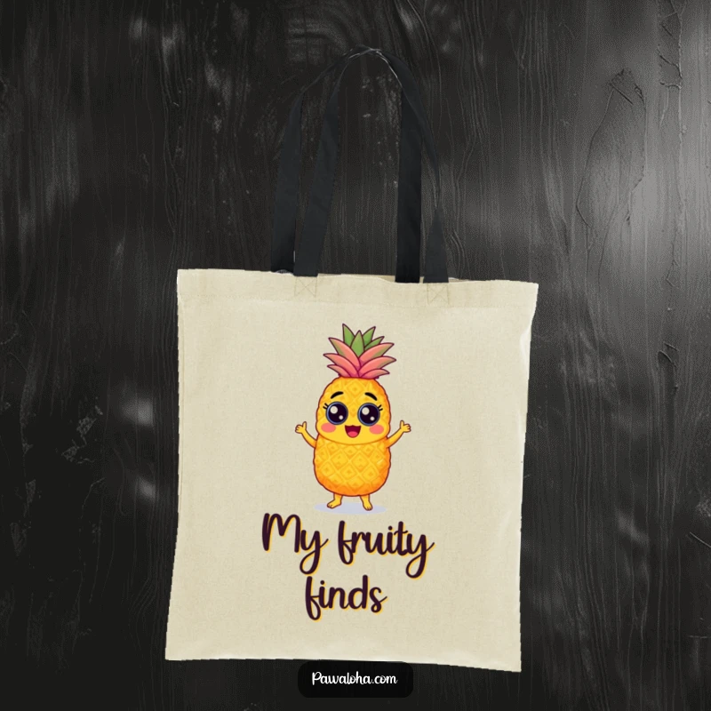 Funny pineapple tote bag with googly eyes, energetically dancing the samba, vibrant and practical for everyday use.