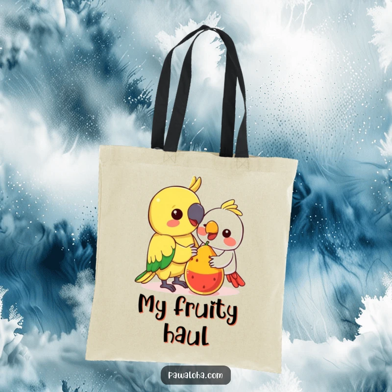 Funny Kawaii Parrot Tote Bag: Cute colorful parrot sharing fruit, a funny and practical tote for spreading kindness.