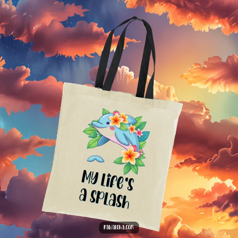 Playful dolphin character decorated with vibrant tropical flowers on a fun and functional tote bag.