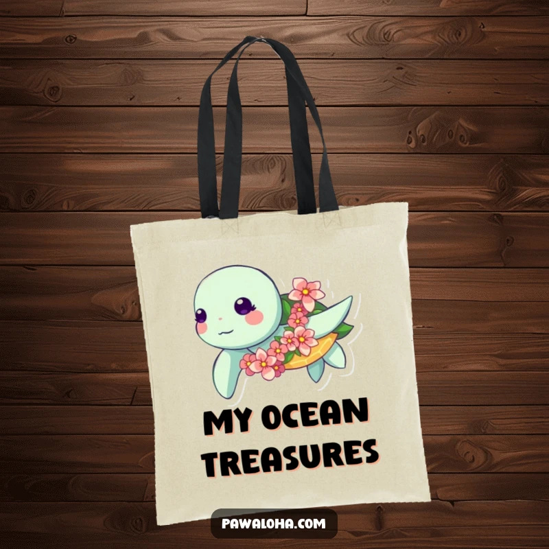 Funny Kawaii Turtle Tote Bag: Cute sea turtle swimming with a flower garland, a funny and functional beach or shopping bag.