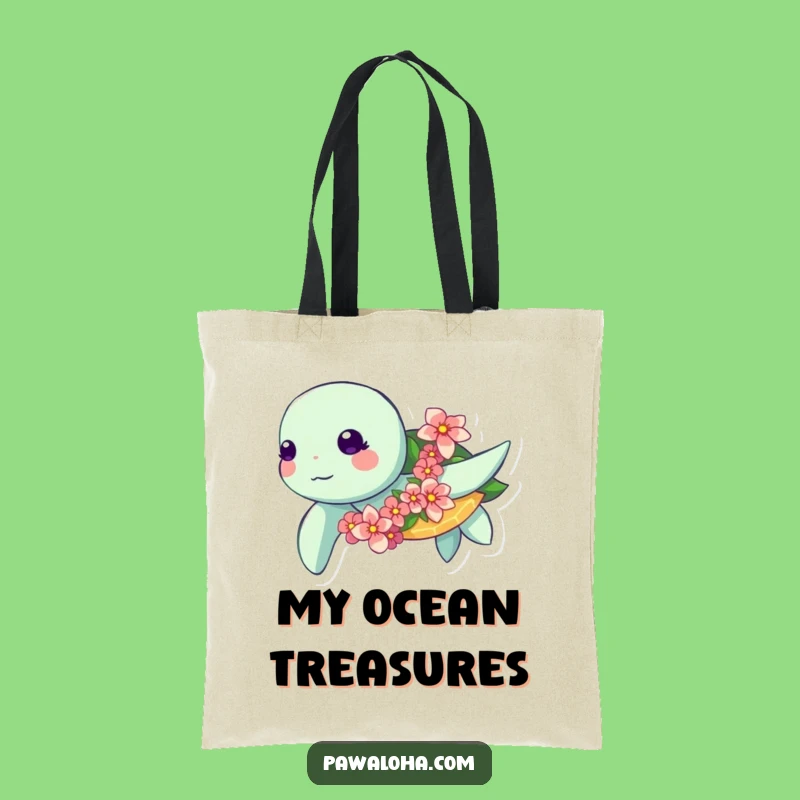 Funny Kawaii Turtle Tote Bag: Ocean Flower Garland Shopping Bag - Eco Gift