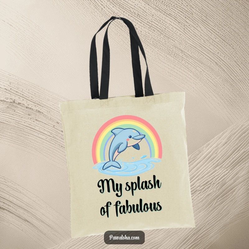 Funny Dolphin Tote Bag with a friendly dolphin leaping from waves, accented by a radiant rainbow.