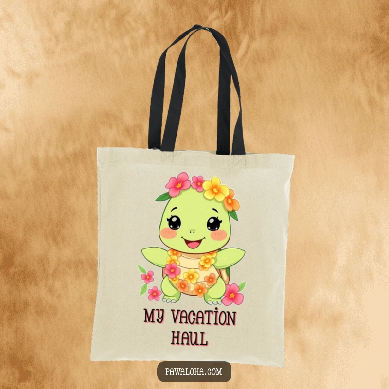 Funny turtle tote bag featuring a happy character with a floral lei and necklace, perfect for humorous beach trips. Excellent gift.