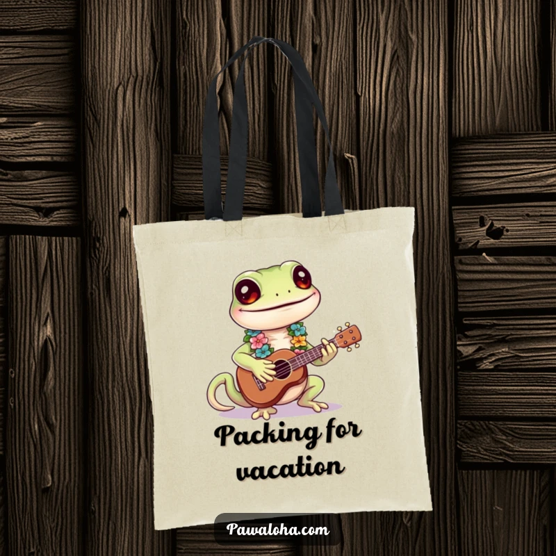 Funny Gecko Tote Bag featuring a smiling gecko in a lei playing a ukulele, humorous and practical accessory.