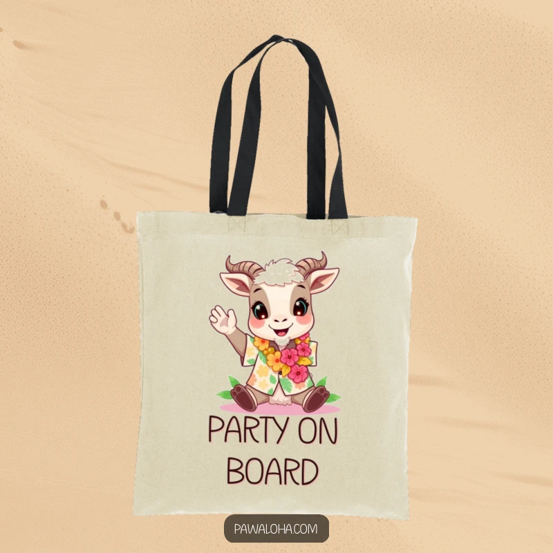 Funny tote bag with a goat character in an Aloha shirt and lei, ready to celebrate.