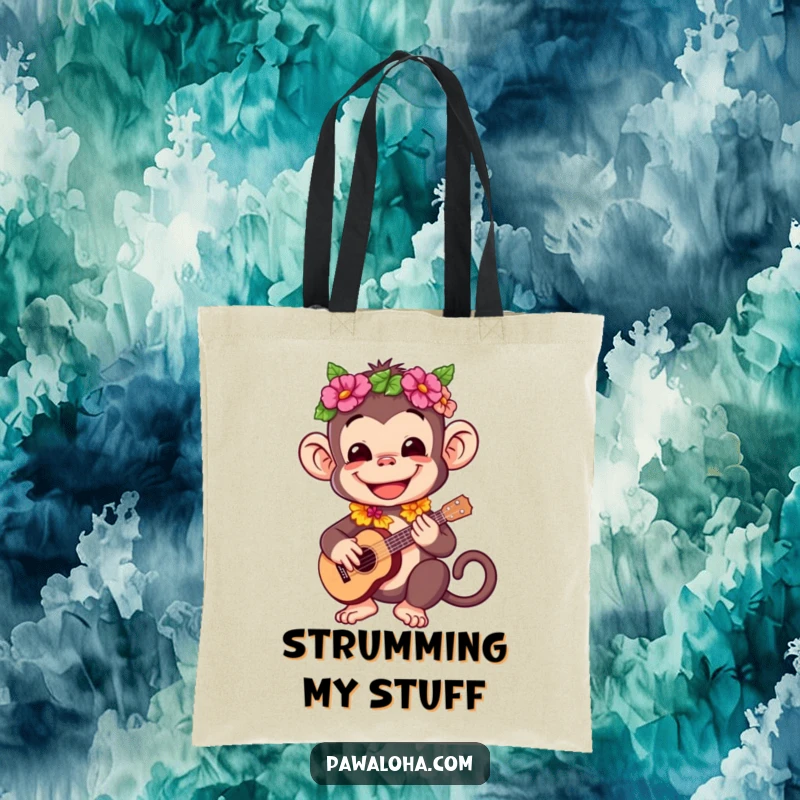 Funny tote bag illustration of a happy monkey wearing a lei and playing a ukulele.