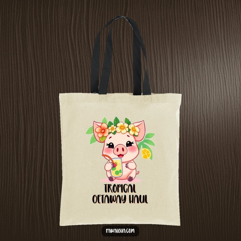 Funny pig tote bag featuring a happy pig with a flower crown enjoying a tropical drink, perfect for carrying essentials with flair.